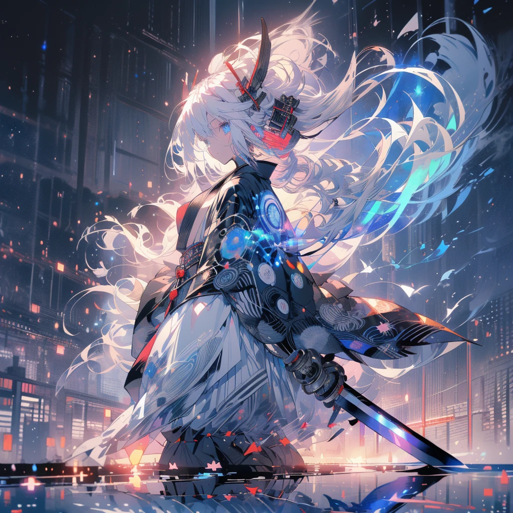 ((Fantasy　White Hair　Long Hair　black　one person　Lonely　blue eyes　Open chest kimono　Baggy kimono))　((night　Japanese style　old　Shining Aura))　(Dance　Japanese sword　Pulling out the sword　samurai　Military commander)　moon　star　Slashing　Catch the wind　print　Tense face　Shining Edge　Reflection of the sword　Blood　Streaks of Light　Maple　On the pond　Emit an aura　Turn your back　Look this way　smile