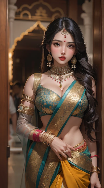 (((Full and soft breasts,)))(((Huge breasts))) (((Cleavage))) (Perfect curvy figure),A woman in a sari poses for a photo, India goddess, Traditional Beauty, India, beauty女神, gorgeous的角色扮演, India style, India super model, beauty的少女, beauty的woman, Southeast Asian, provocative India, gorgeous,beauty,woman, Complex clothing, India美学, beauty的亚洲女孩, Extremely detailed photos of the goddess, 令人惊叹的beauty, 大深Cleavage性感肚脐