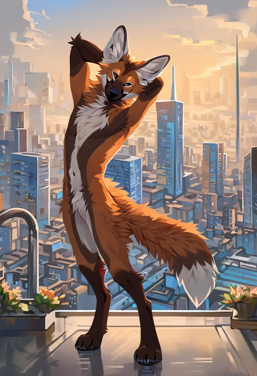 Solo, male, furry art, maned_wolf, fursona, ((canine)), (((brown primary fur))), white secondary, (perky ears), cool pose, city background, amazing art, masterfully executed, beautiful background, normal body, paws.