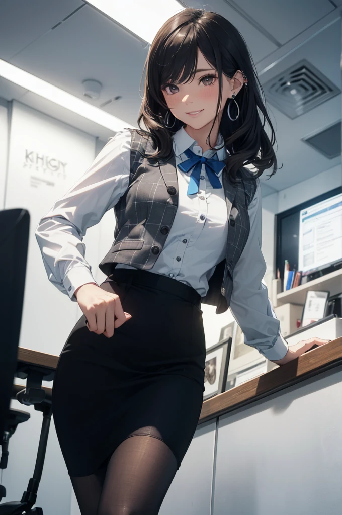 ((((1ladyl,))))  (masterpiece), (realistic), (best quality), (ultra-detailed),  amazing 30 years old wife,  pantyshot, long brown hair, office lady, Wearing a pink plaid vest, White short sleeved shirt, Gray pencil skirt, Wear stiletto heels, Necklace, earrings,  Cute face, Smile, Blushing, Shyness, Glass wall, Ultra Detail, Realistic, Front view, Whole body, (wearing in [[white and gray check pattern]] Vest worn over white collared long-sleeved shirt:1.4), (gray vest with buttons:1.2), (Pink Theme:1.2), (blue ribbon ribbon:1.3), (Black theme:1.4), (Tight black pencil skirt:1.5), ((Brown pantyhose)), (high-heels:1.1),longskirt,office desk, office chair,Lulubre Unity 8K Wallpaper, Beautiful background, clearly, Best Quality, The highest resolution, Best aesthetic,extremely detailed CG unity 8k,