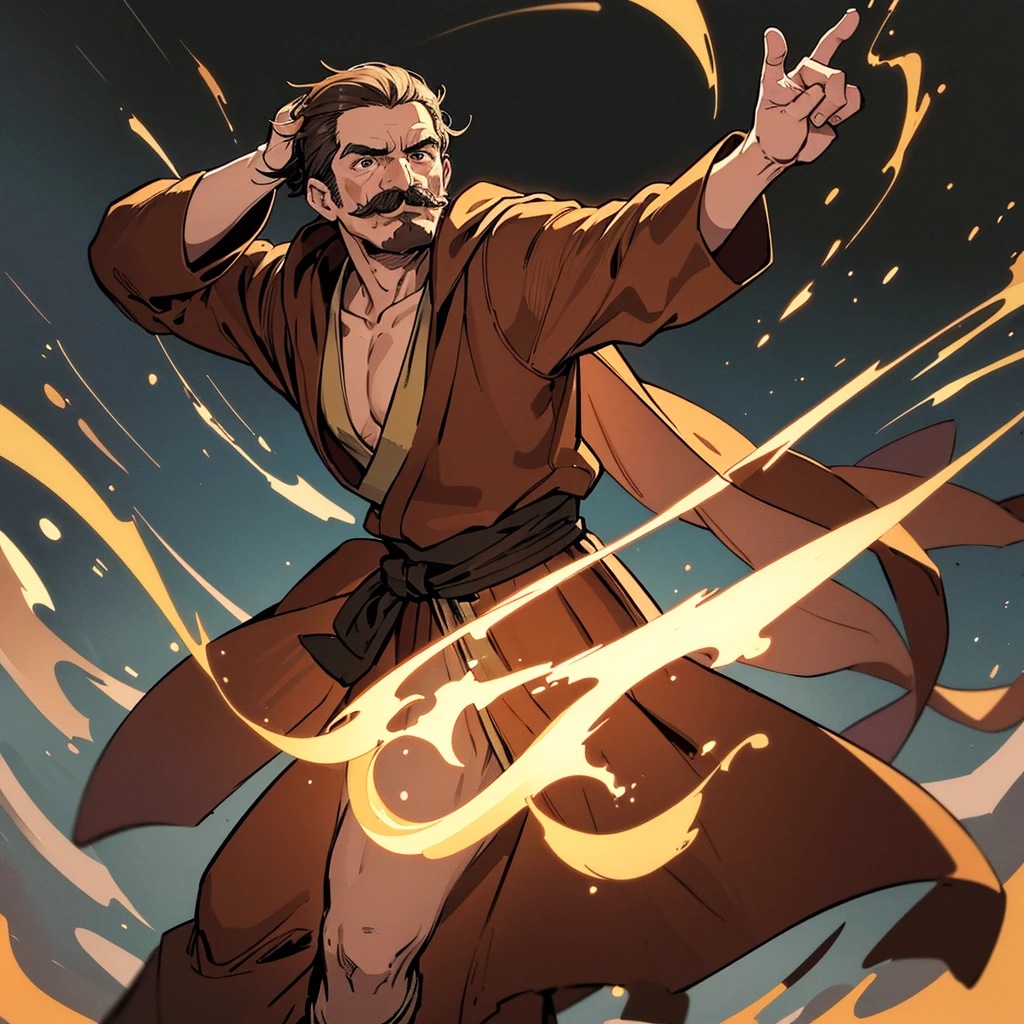 ((((Solo))))、Highest quality, Best Quality,Best illustrationiddle ages、(((Simple brown robe)))、(40-year-old uncle、mature、Kaiser moustache)、(LOL)、fight、(Diagonally below)、Kick、Run