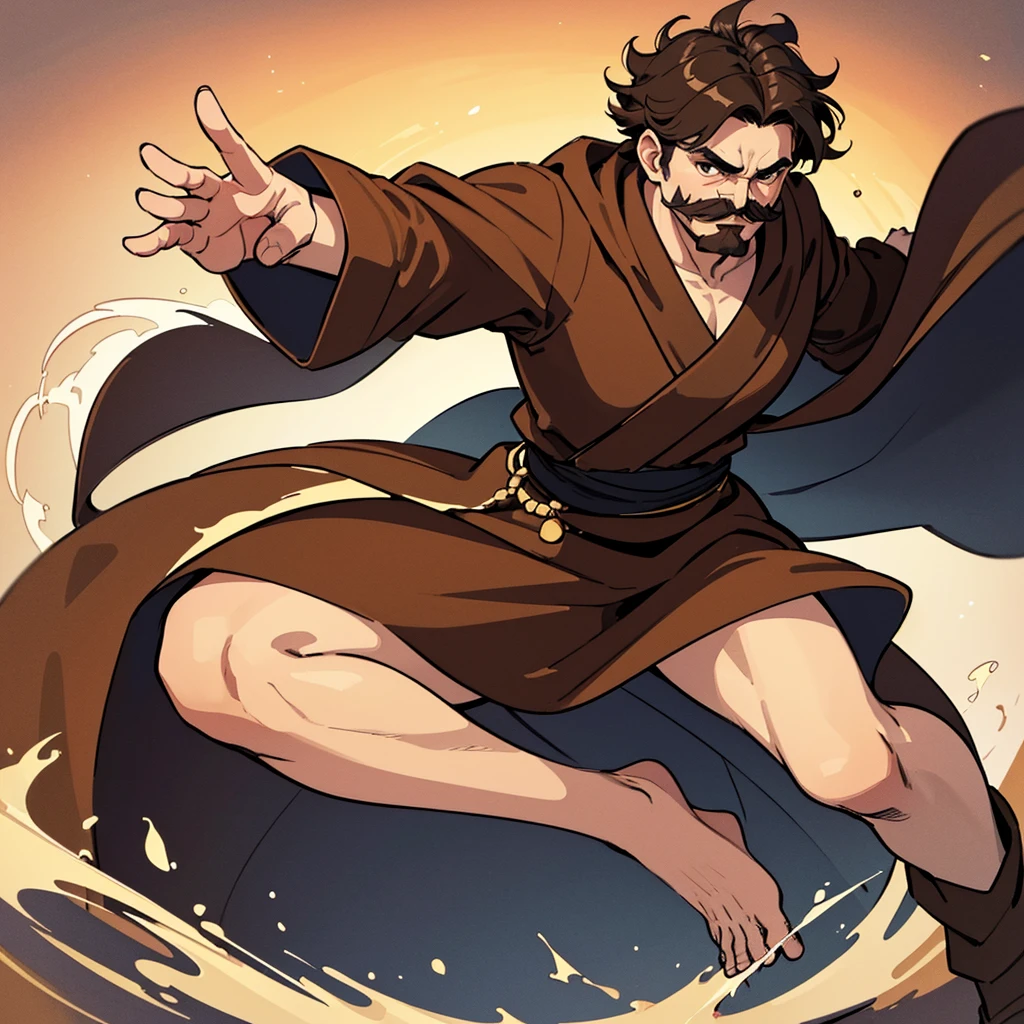 ((((Solo))))、Highest quality, Best Quality,Best illustrationiddle ages、(((Simple brown robe)))、(40-year-old uncle、mature、Kaiser moustache)、(LOL)、fight、(Diagonally below)、Kick、Run
