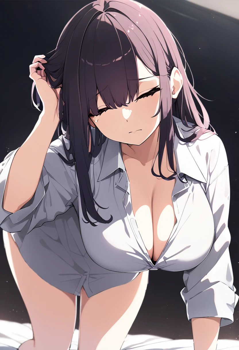 1girl, ultra high res, large chest, cleavage, oversized shirt, bent down, sleepy, hand on eye