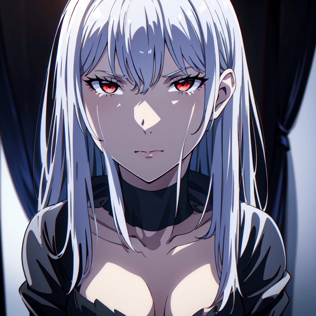 a white-haired, red-eyed demon female with fair skin, wearing a black dress, medium-chested, full body photo, masterpiece, best quality, 4k, 8k, highres, ultra-detailed, realistic, photorealistic, photo-realistic, HDR, UHD, studio lighting, ultra-fine painting, sharp focus, physically-based rendering, extreme detail description, professional, vivid colors, bokeh