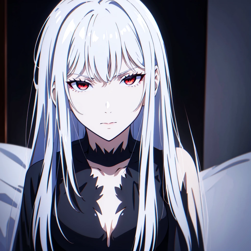 a white-haired, red-eyed demon female with fair skin, wearing a black dress, medium-chested, full body photo, masterpiece, best quality, 4k, 8k, highres, ultra-detailed, realistic, photorealistic, photo-realistic, HDR, UHD, studio lighting, ultra-fine painting, sharp focus, physically-based rendering, extreme detail description, professional, vivid colors, bokeh