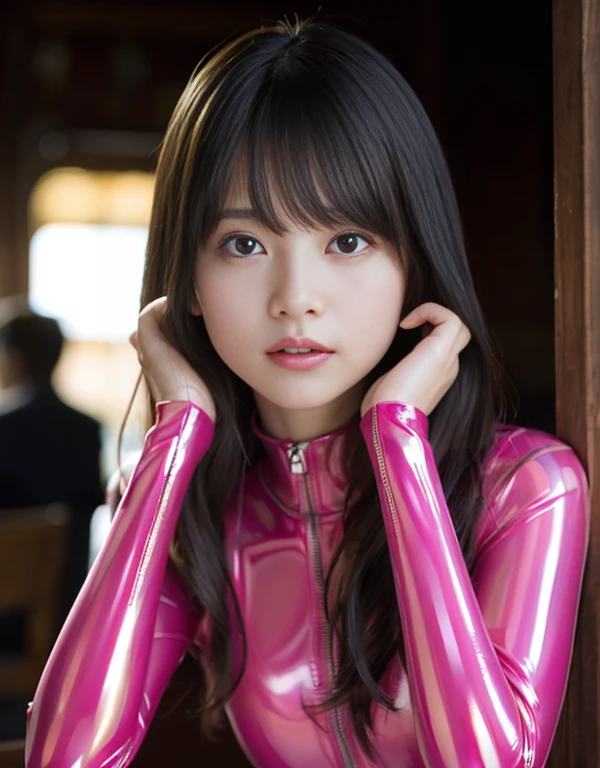 (1 girl)、highest quality、masterpiece、超A high resolution、(Photoreal:1.4)、Raw photo、1 girl、(super shiny pink latex suit:1.3)、long sleeve,、Red latex gloves、Portrait、global illumination、Shadow、octane rendering、8K、super sharp、Metal、intricate decorative details、Japan details、very intricate details、Close-up、realistic light、(mysterious look)、CG Society Trends、shining eyes、towards the camera、Small LED、two stock