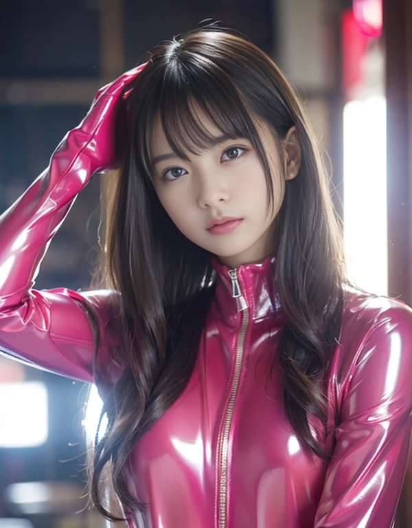 (1 girl)、highest quality、masterpiece、超A high resolution、(Photoreal:1.4)、Raw photo、1 girl、(super shiny pink latex suit:1.3)、long sleeve,、Red latex gloves、Portrait、global illumination、Shadow、octane rendering、8K、super sharp、Metal、intricate decorative details、Japan details、very intricate details、Close-up、realistic light、(mysterious look)、CG Society Trends、shining eyes、towards the camera、Small LED、two stock
