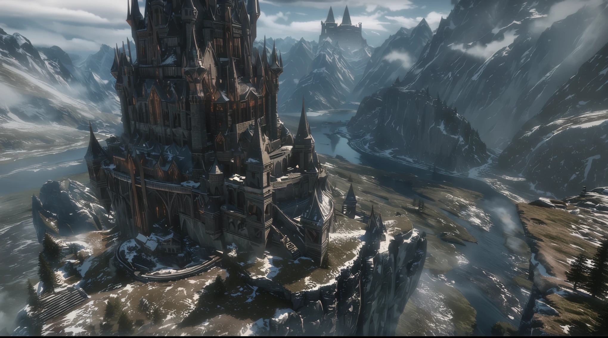 anime aetetics, big wooden nordic castle, a little fog, northen architecture, vikings architecture, day time, epic structure, histiorical monument, river on the background, foot of the mountain on the background, northern lanscape, tundra, whiterun city, skyrim inspired, from skyrim, skyrim, wide shot, atmospheric perspective, perspective, 4K, 8k, award winning, super detail, masterpiece, UHD