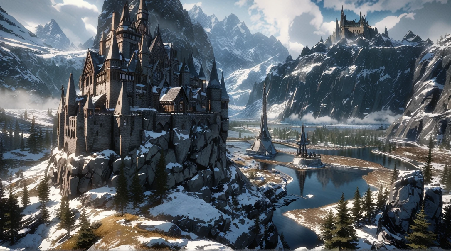anime aetetics, big wooden nordic castle, a little fog, northen architecture, vikings architecture, day time, epic structure, histiorical monument, river on the background, foot of the mountain on the background, northern lanscape, tundra, whiterun city, skyrim inspired, from skyrim, skyrim, wide shot, atmospheric perspective, perspective, 4K, 8k, award winning, super detail, masterpiece, UHD