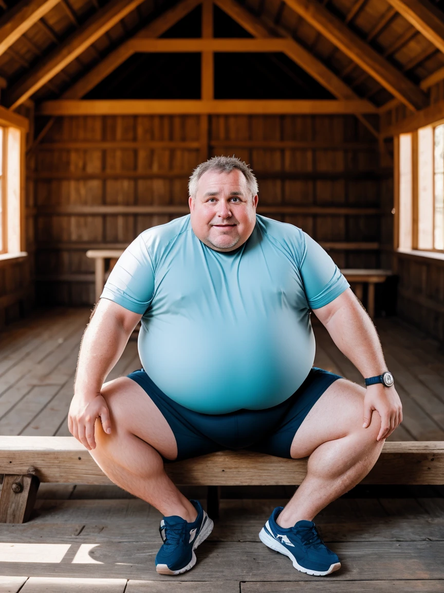 Sweaty overweight middle-aged man sitting in a barn