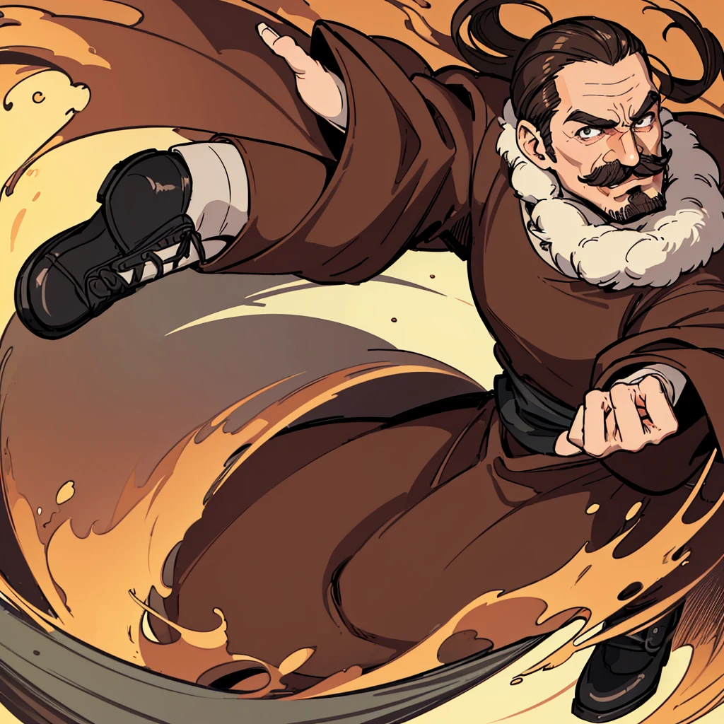 ((((Solo))))、Highest quality, Best Quality,Best illustrationiddle ages、(((Simple brown robe、Black shoes)))、(40-year-old uncle、mature、Kaiser moustache)、(LOL)、fight、(Diagonally below)、Kick、Run