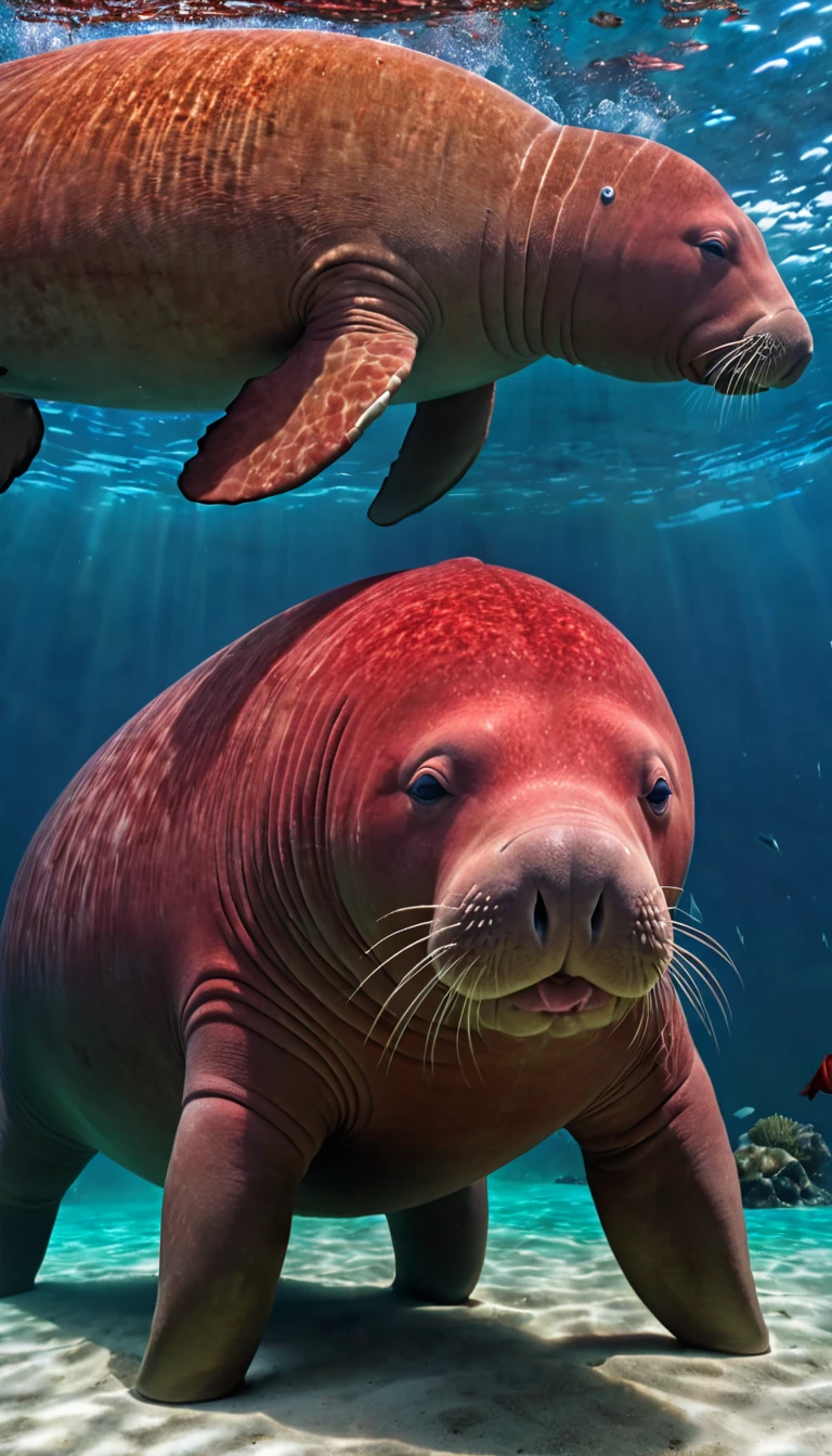 Panorama,The best quality of the red dugong with a human face under the water,4K,8K,High level,masterpiece:1.2),Ultra Detailed,(lifelike,Photo real,Photo real:1.37),Highly detailed animals,Complex patterns,Realistic lighting,Fantasy Creatures