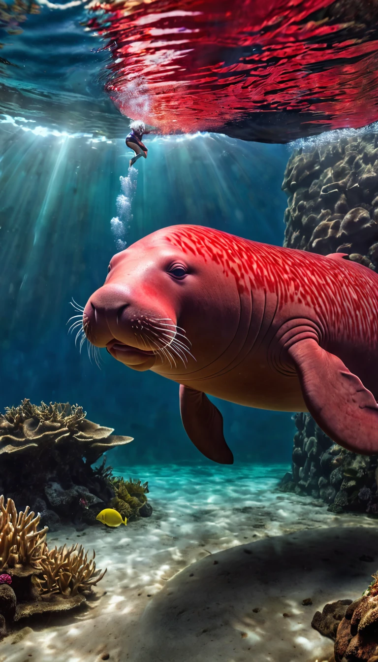 Panorama,The best quality of the red dugong with a human face under the water,4K,8K,High level,masterpiece:1.2),Ultra Detailed,(lifelike,Photo real,Photo real:1.37),Highly detailed animals,Complex patterns,Realistic lighting,Fantasy Creatures