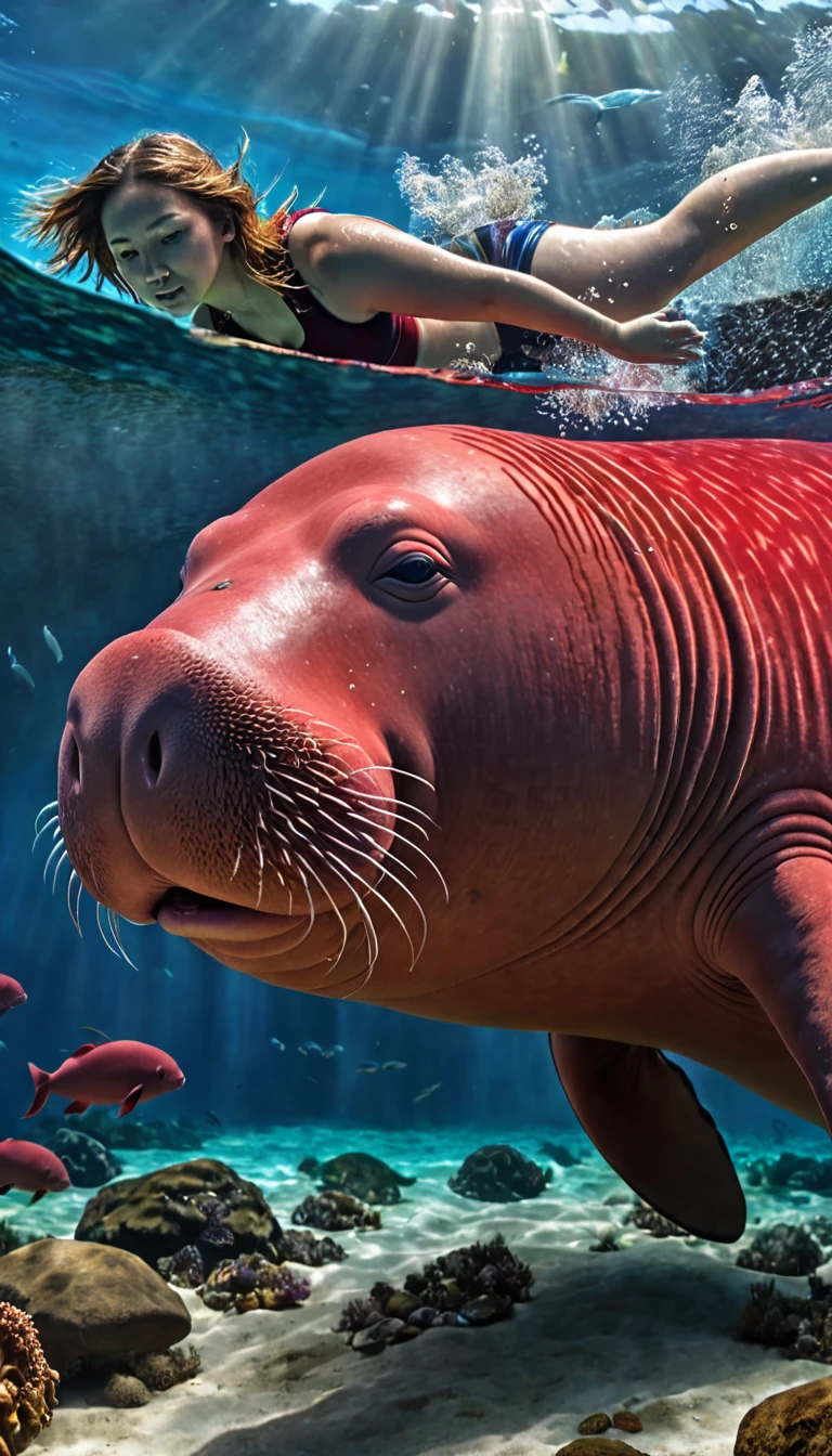 Panorama，The best quality of the red dugong with a human face under the water，4K，8K，High level，masterpiece：1.2），Ultra Detailed，（lifelike，Photo real，Photo real：1.37），Highly detailed animals，Complex patterns，Realistic lighting，Fantasy Creatures