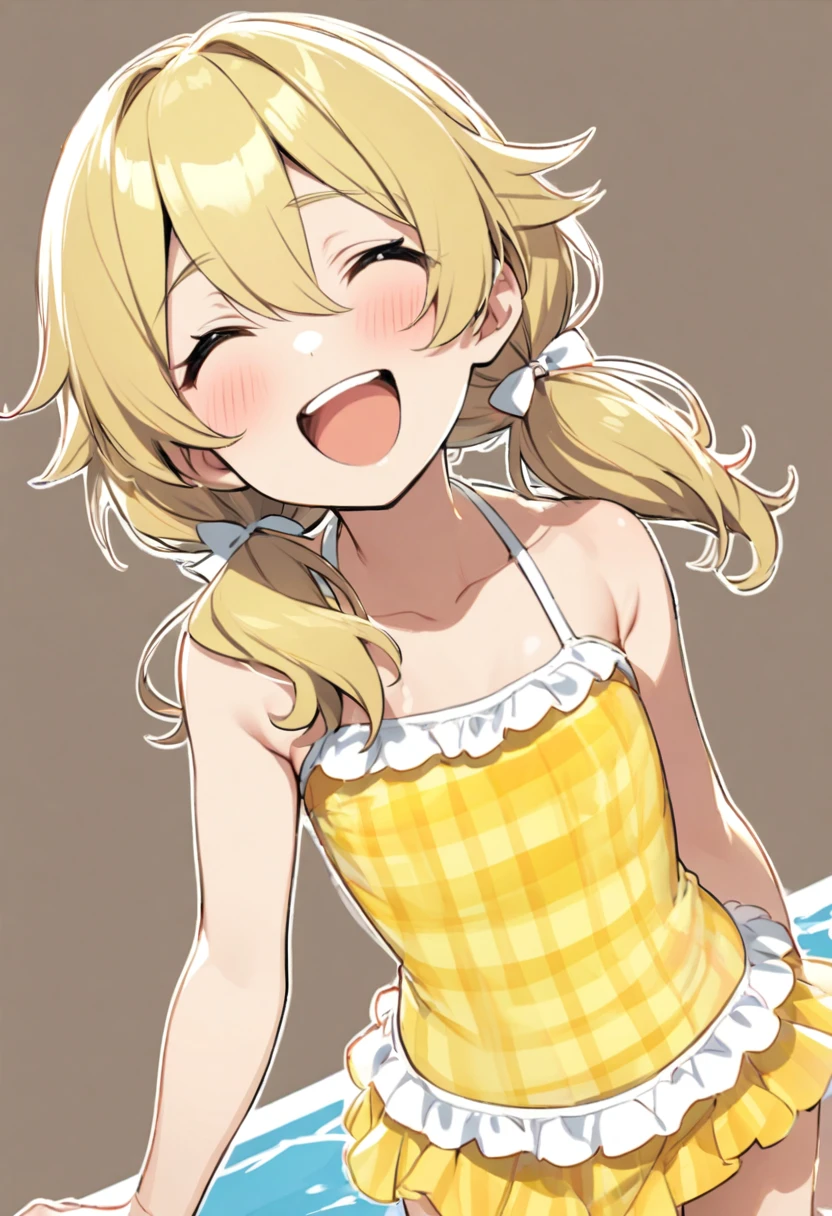 (Petite),(Crossdresser),blonde low twintails,Swimwear,Joyful expression