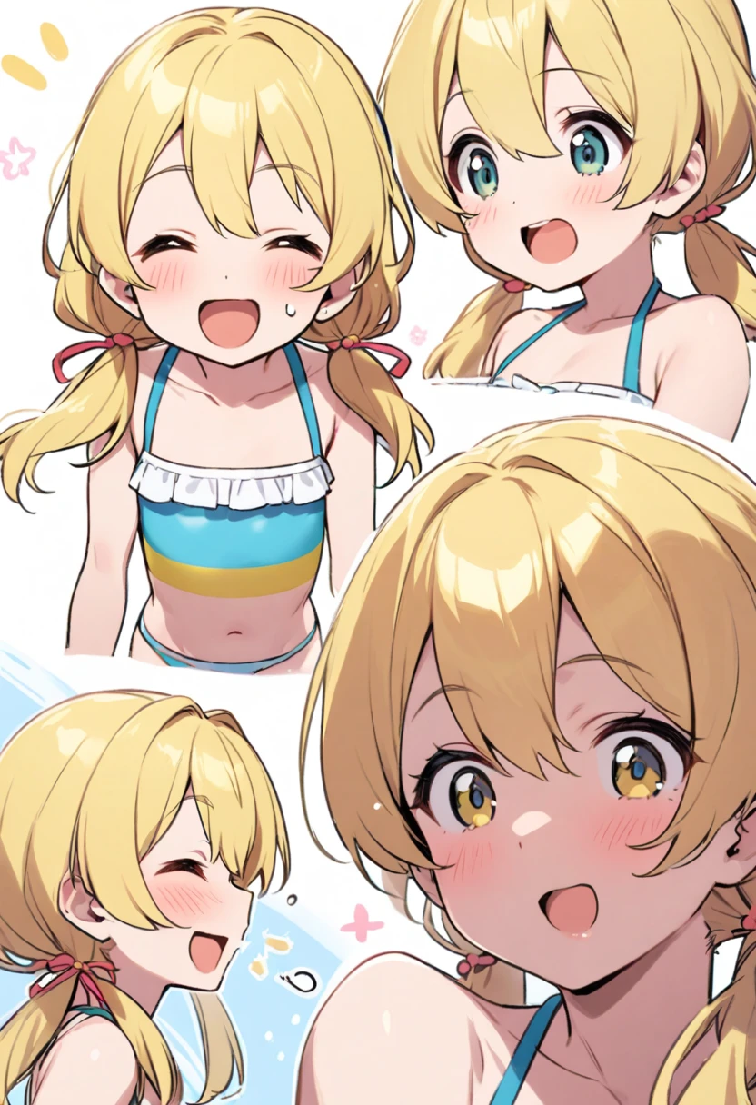 (Petite),(Crossdresser),blonde low twintails,Swimwear,Joyful expression