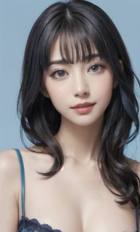 (software:1.8、masterpiece, Highest quality),1 Girl, alone, have, Realistic, Realistic, Looking at the audience, Light brown eyes, Highly detailed shiny long hair,Beautiful symmetrical face、Spring Clothes:1.6, Whity, lips, bangs, Highly detailed beautiful face、Very detailed beautiful eyes、, Mouth closed, Upper Body、Big eyes、eyelash、((Very simple blue background:1.8))、(((bangsのあるロングヘア、Short shiny hair、Big eyes、big and full chest、Looking at the audience、Innocent beauty、Show me your ears、Beautiful long neck、smile、please close your mouth and smile)))、Ideal body type、{Huge|big|Hugeな|Mega} chest:2, chestの谷間:2、幸せなsmile、Beautiful Teeth、