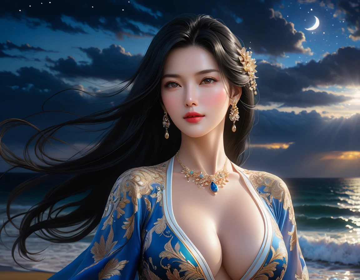 4K resolution,8K resolution,beautiful,Highest quality,Absolutely wonderful,Very detailed,Ultra-high resolution,masterpiece,(Realistic:1.5),(Realistic:1.5),Increased depth of field,Cinematic Light,
One elegant mature woman,
Long black hair,精巧なディテールのbeautiful顔,Relaxed facial expression,Transparent white skin,Very sensitive skin,Great proportions,Glamorous Body,Anatomically correct body,
Elegant high leg swimsuit,ornate designs,Gorgeous and detailed pattern,Beautifully detailed pattern,Detailed cloth texture,Decorated with lavish jewellery,
Dark clouds in the night sky,delay々The desolate coastline continues,Deserted beach,Dark sea surface,
(Dramatic Angle:1.5),