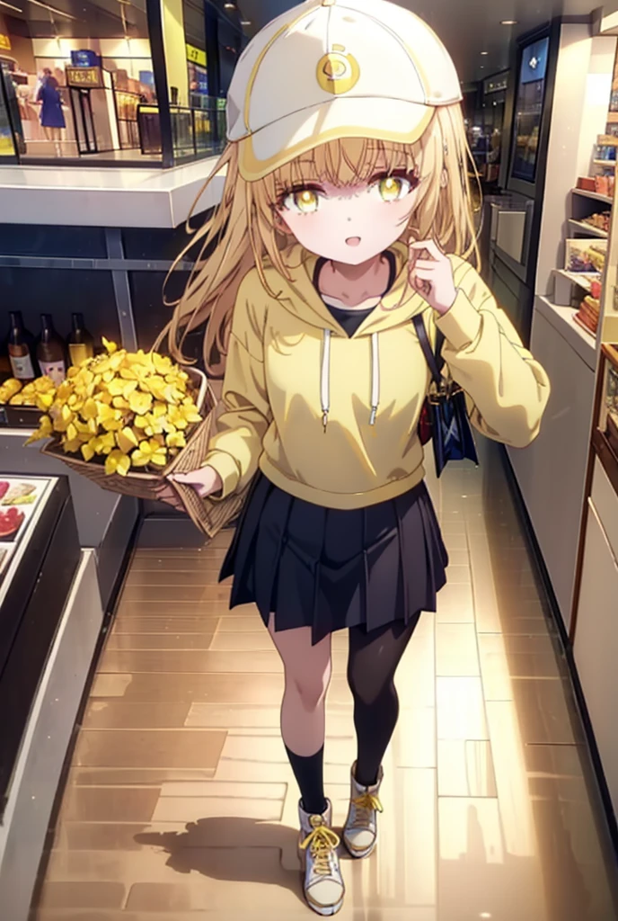 mahirushiina, Mahiru Shiina, bangs, Blonde, Brown Hair, (Yellow Eyes:1.3), smile,Open your mouth,Baseball cap,Oversized yellow hoodie,Short sleeve,mini skirt,black tights,short boots,Walking,Clear skies,Daytime,
break indoors,Shopping mall,
break looking at viewer, whole body,
break (masterpiece:1.2), Highest quality, High resolution, unity 8k wallpaper, (shape:0.8), (Fine and beautiful eyes:1.6), Highly detailed face, Perfect lighting, Highly detailed CG, (Perfect hands, Perfect Anatomy),