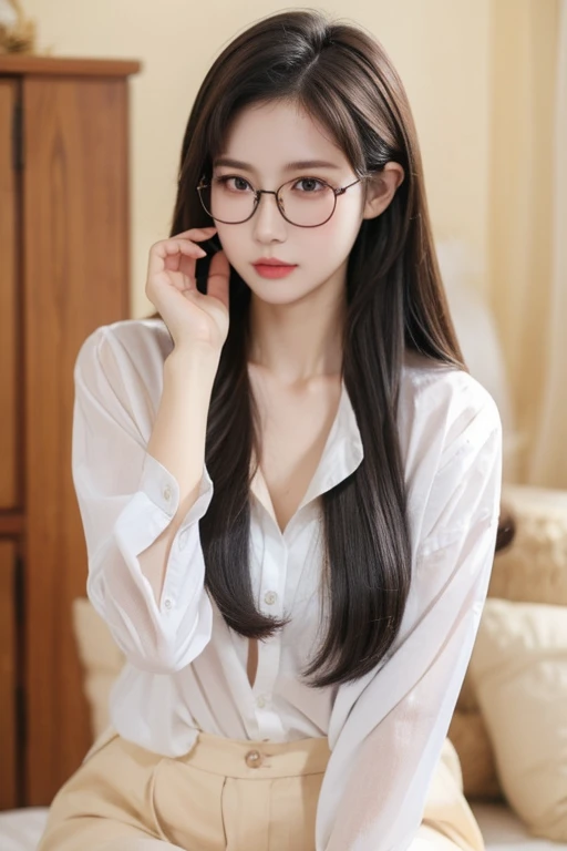 Highest quality、masterpiece、High sensitivity、High resolution、Detailed Description、Slender women、Slim Body、Glasses、blush、Shirt up to chest、Tuck up、