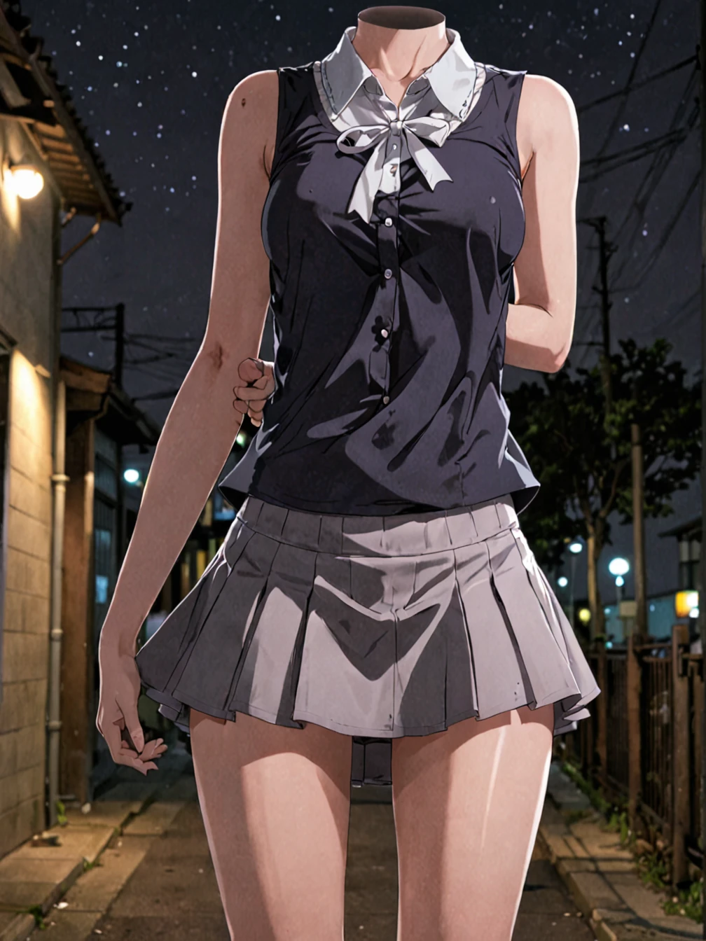 anime, girl, headless, short skirt, sleeveless shirt, night