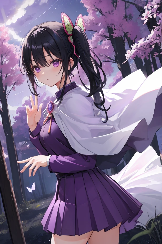 (masterpiece:1.3), (best quality:1.1), (8k, ultra detailed, ultra high res:1.2), ((anime style)), perfect 5 fingers, (perfect anatomy:1.1),
1girl,
Kanao Tsuyuri,
BREAK long hair, side ponytail,
black hair,
purple eyes, (empty eyes:1.3),
butterfly hair ornament,
(medium breasts:0.9),
BREAK (purple shirt, pleated purple skirt, long sleeve, white cape:1.2), looking back,
cowboy shot,
perfect light,
waving, outdoors, forest, field, night, night sky, starry sky,