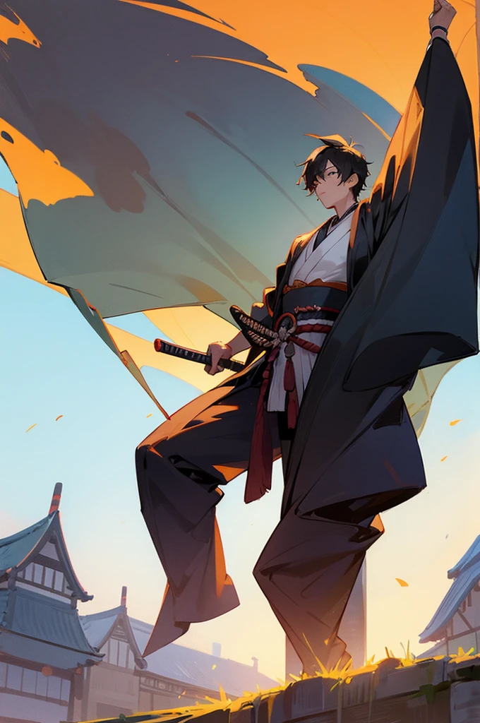 Teen ,male, samurai Clothing, Standing pose, Town background,
