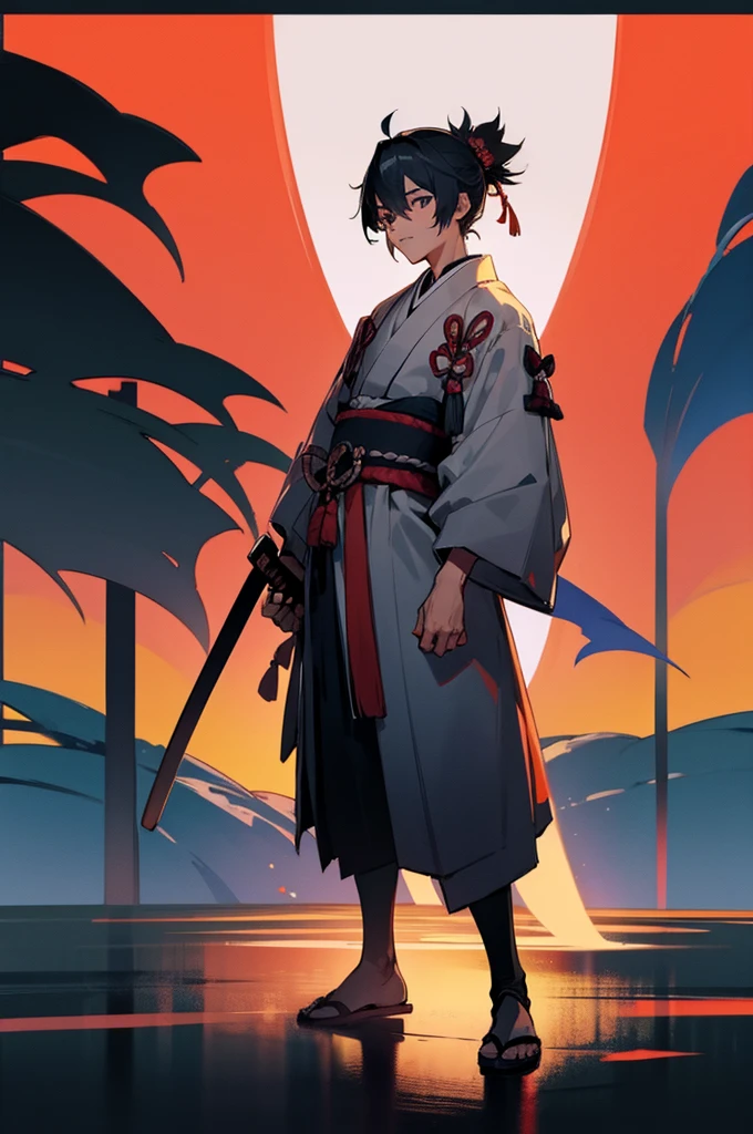 Teen ,male, samurai Clothing, Standing pose, Town background,