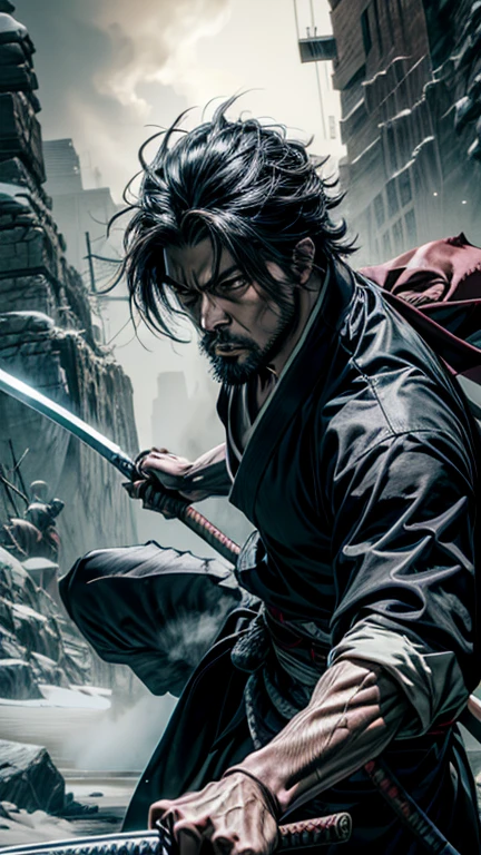 1. Samurai Man,high quality, Master Parts, Japanese anime, Second Dimension, Beautiful Eyes, Highly detailed background, 8K Wallpaper, Highly detailed face) ten, Muscular body, Strong muscles, Barba, Hopeful Eyes, Bright Eyes, blue eyes, Mature and stable, Sophisticated, White short sleeves, Retrato de Onmyoji, miyamoto musashi, Detailed Anime Character Art, Pavilion Background,Not 0mib style, bleach style,Create a hyper-realistic and cool image of miyamoto musashi using his two-sword technique (Katana and Wakizashi). Musashi is in a dynamic battle stance, showcasing his mastery of Niten Ichi-ryu. He wears traditional samurai armor, and the background is a dramatic battlefield with smoky skies, emphasizing the historical context. Highlight his intense focus and determination, capturing the essence of a formidable warrior. Use strong light and shadow contrasts to enhance the dynamic feel of the image.