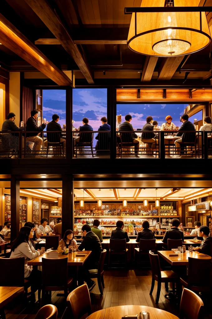 anime scenery, Zoom into a cozy restaurant with warm lighting.
Tables filled with people enjoying their meals, chatting animatedly.
Waiters bustling around, serving dishes and refilling drinks.
colorful anime background
