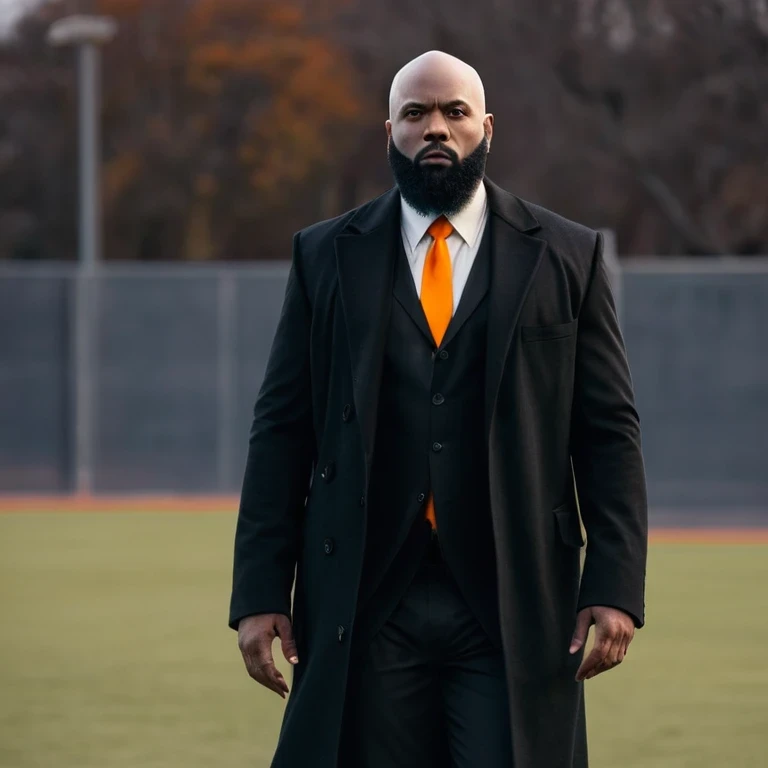 there is a man in a black coat and orange tie walking on a field, professional sports style, black and orange coat, wearing a strict business suit, in strict suit, he is wearing a black trenchcoat, handsome man, wilson fisk, black and orange, in a strict suit, orange and black, trench coat and suit, man in black suit