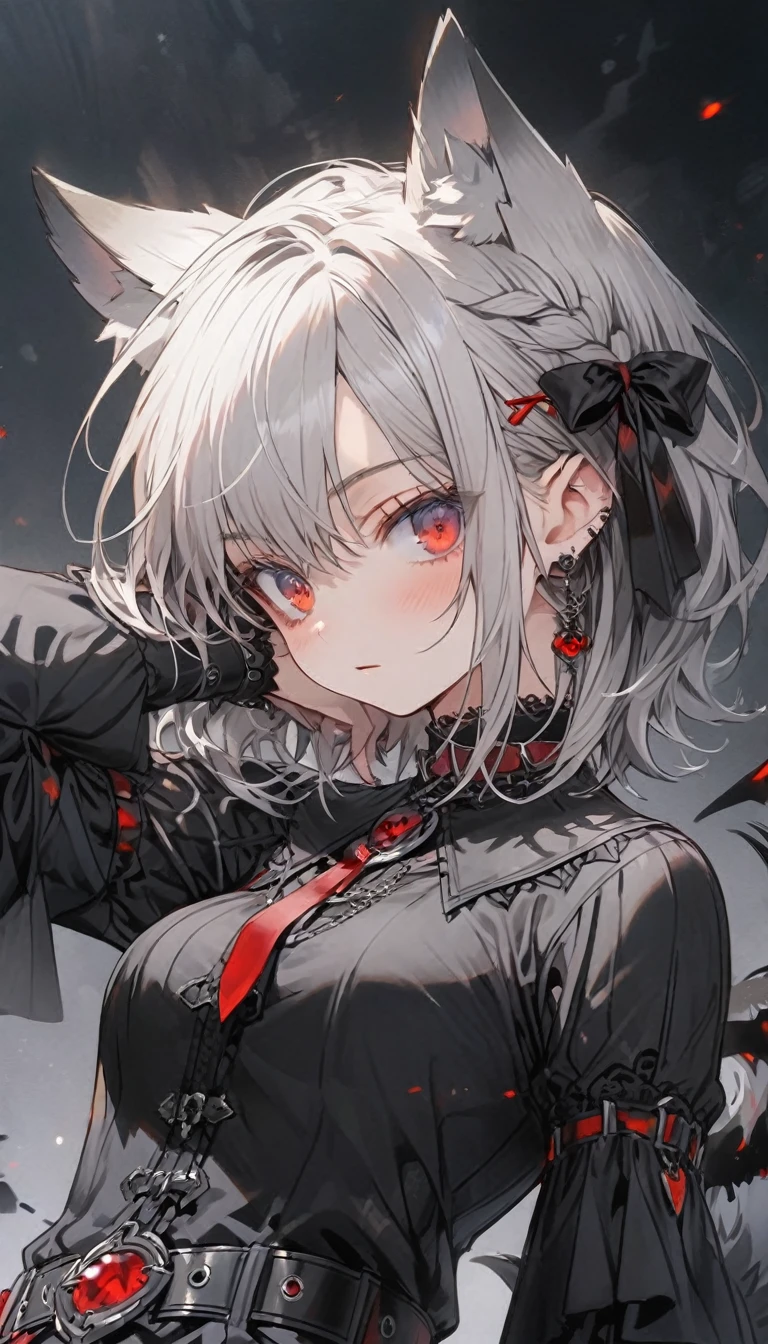 （Silver Hair 1.3），Very Short Hair,Red Eyes，Wolf ears,Wolf Girl　Sleepiness　mysterious　Gothic　Black Costume　Belt on torso