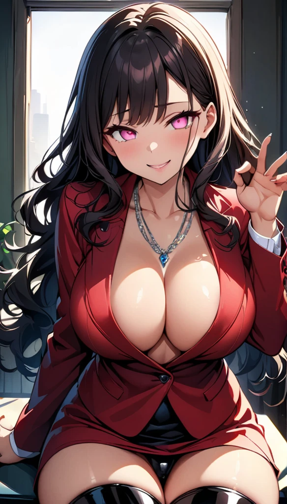 (highest quality:1.2,evil lady,cg, Very detailed, High Detail, digital coloring, High Contrast, masterpiece:1.2,suits, highest quality, Best aesthetics), 8k,masterpiece, cute,tall,beautiful,best quality, 1lady,brown hair,long hair,wavy hair,empty eyes, (finely detailed glowing eyes and detailed face),,,,extremely detailed cg unity 8k wallpaper,solo,(latex military costume:0.9),large breasts,seductive smile,,latex thighhigh,large breasts,black hair,pink eyes,no jacket,formal shirts,thighhigh,,enamel suits,grossy lips,sitting,tight skirt,sadistic smile,,heel,shiny skin,tight  skirt,detailed face,beautiful body,,adult,,show me breasts,sadistic,seductive smile,business suits,latex,no tie,bust shot,((Blowjob Gestures:1.5)),open mouth,necklace,office room,from below