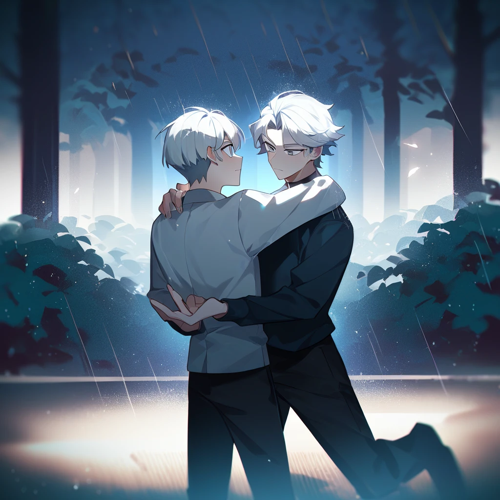 1 Young, focus man , Yaoi, dance, look elsewhere, Stationary face, student, short hair, Silver white hair, gray eyes,rain, dark, nighttime,park, The best aesthetics , best quality, Amazing quality, The best aesthetics, nonsense, epic, depth of field, perfect light, (light particles),(best quality),(Masterpiece)