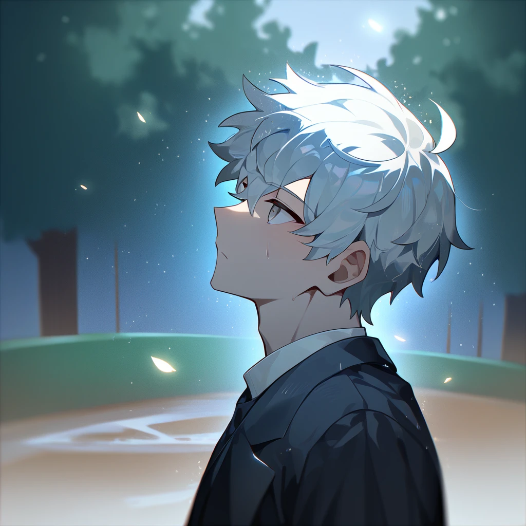 1 Young, focus man , Yaoi, dance, look elsewhere, Stationary face, student, short hair, Silver white hair, gray eyes,rain, dark, nighttime,park, The best aesthetics , best quality, Amazing quality, The best aesthetics, nonsense, epic, depth of field, perfect light, (light particles),(best quality),(Masterpiece)