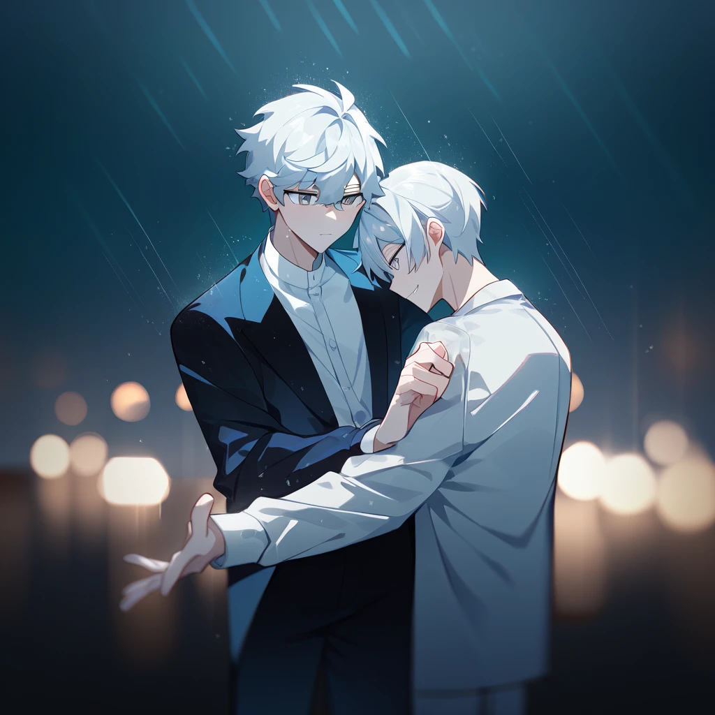 1 Young, focus man , Yaoi, dance, look elsewhere, Stationary face, student, short hair, Silver white hair, gray eyes,rain, dark, nighttime,park, The best aesthetics , best quality, Amazing quality, The best aesthetics, nonsense, epic, depth of field, perfect light, (light particles),(best quality),(Masterpiece)