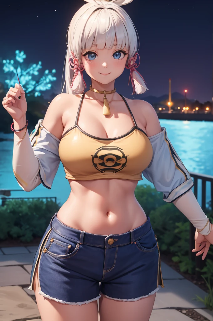 Masterpiece, high quality, 8k, ultra detail, ((kamisatoayakarnd)) standing, night,outdoors, (crop top), navel, (shorts), (off shoulders:1), choker, smile, armpit, (large breast), (nude arm)