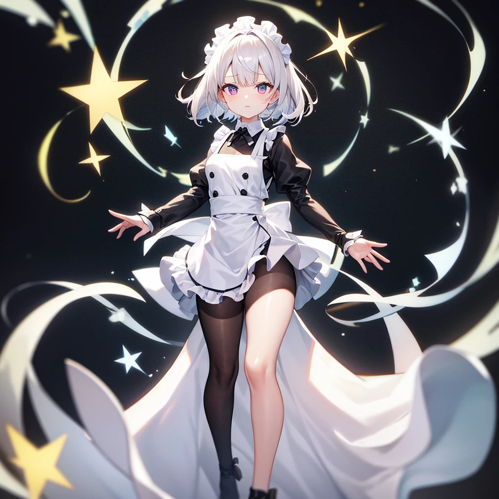 ((Maid)),(((White clothes))),Shoulder out,Cute little ,Tiny ,Small girl,,ish face, Very fine clean face,Top quality, Big eyes,Straight Hair,Yellow hair,Crimson Eye,(Dark Room), Subtle light, Natural breeze,Soft lighting,Light from directly behind, (Are standing), Cute pose, (Open your hands), Showing the whole body,Front view,Black background