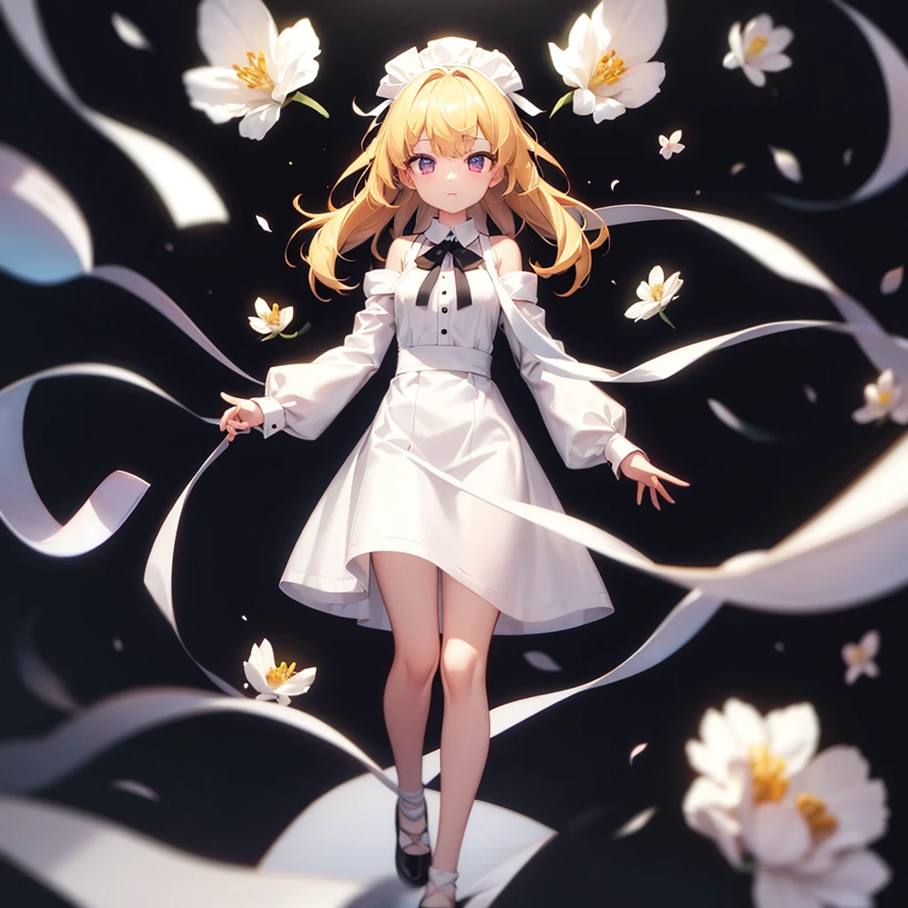 ((Maid)),(((White clothes))),Shoulder out,Cute little ,Tiny ,Small girl,,Childish face, Very fine clean face,Top quality, Big eyes,Straight Hair,Yellow hair,Crimson Eye,(Dark Room), Subtle light, Natural breeze,Soft lighting,Light from directly behind, (Are standing), Cute pose, (Open your hands), Showing the whole body,Front view,Black background