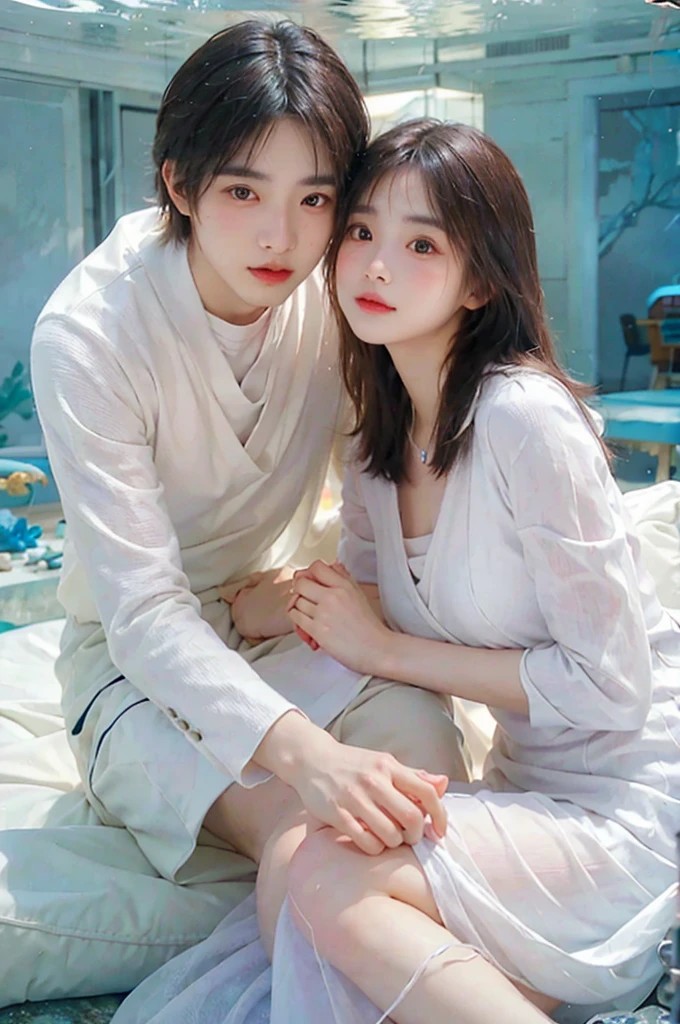Girl wearing white dress，In the sea，The girl radiates white light and entangles the boy，They face to face，Expression of joy，It's a couple。East Asians，In the blue sea，There are corals around them. They are 28 years old and in their prime.