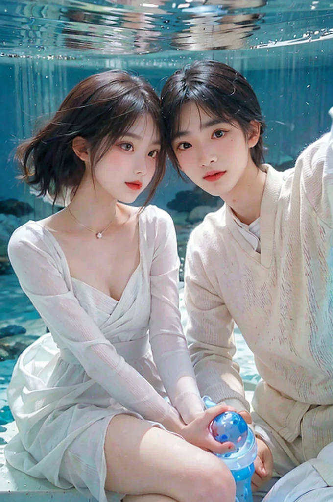 Girl wearing white dress,In the sea,The girl radiates white light and entangles the boy,They face to face,Expression of joy,It's a couple。East Asians,In the blue sea,There are corals around them. They are 28 years old and in their prime.