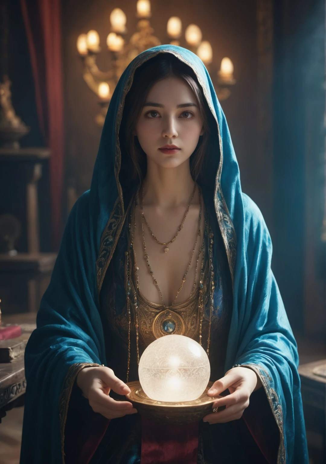 Body Orientation: front.Female fortune teller. Charm, Beautiful and mysterious. She is wearing a blue cape、It has distinctive features. The atmosphere is bright and shining, Filled with anxiety and anticipation. The fortune teller is standing there. Body facing forward. He is looking at you. He has a crystal ball in his right hand.. The lighting in the room is bright, casting a magical ambiance. Best image quality, 4K or 8K resolution. The level of detail is very fine、It's real, Close to photorealism. Artistic style is、It should reflect the official aesthetic with bright colors and strong contrast.. The color palette should emphasize the mysterious and mystical theme of the piece.. The fortune teller's cloak is decorated with a 1:1 metal trim..5. Complex Design. The overall atmosphere is magical, Like a starry sky. The fortune teller's facial expression should arouse mystical interest..Light background