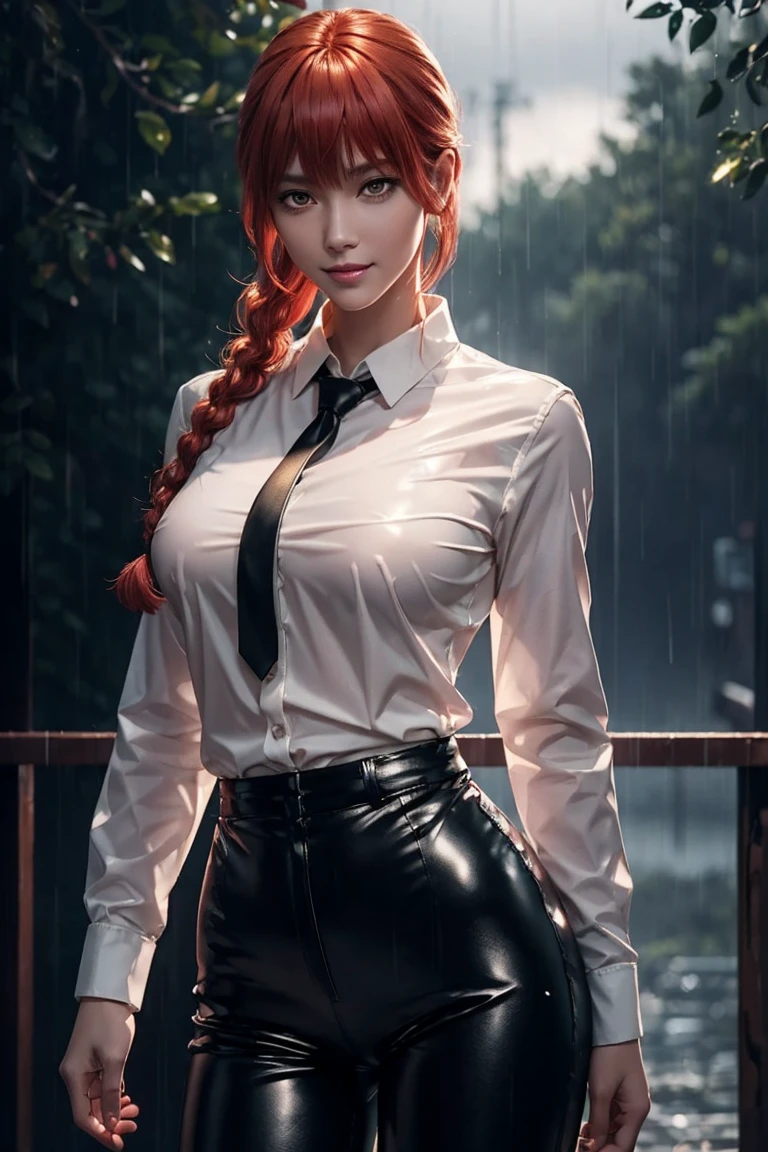 Chainsaw Man,Makima,With bangs,Red Hair,Braids at the back,Golden Eyes,White long sleeve shirt,Black tie,Black Leather Pants,Ultra HD,super high quality,masterpiece,Digital SLR,Photorealistic,Detailed details,Vivid details,Depicted in detail,A detailed face,Detailed details,Super Detail,Realistic skin texture,Anatomical basis,Perfect Anatomy,Anatomically correct hand,Anatomically correct fingers,Complex 3D rendering,Sexy pose,Rainy Sky,Beautiful scenery,Fantastic rainy sky,Picturesque,Pink Lips,smile,