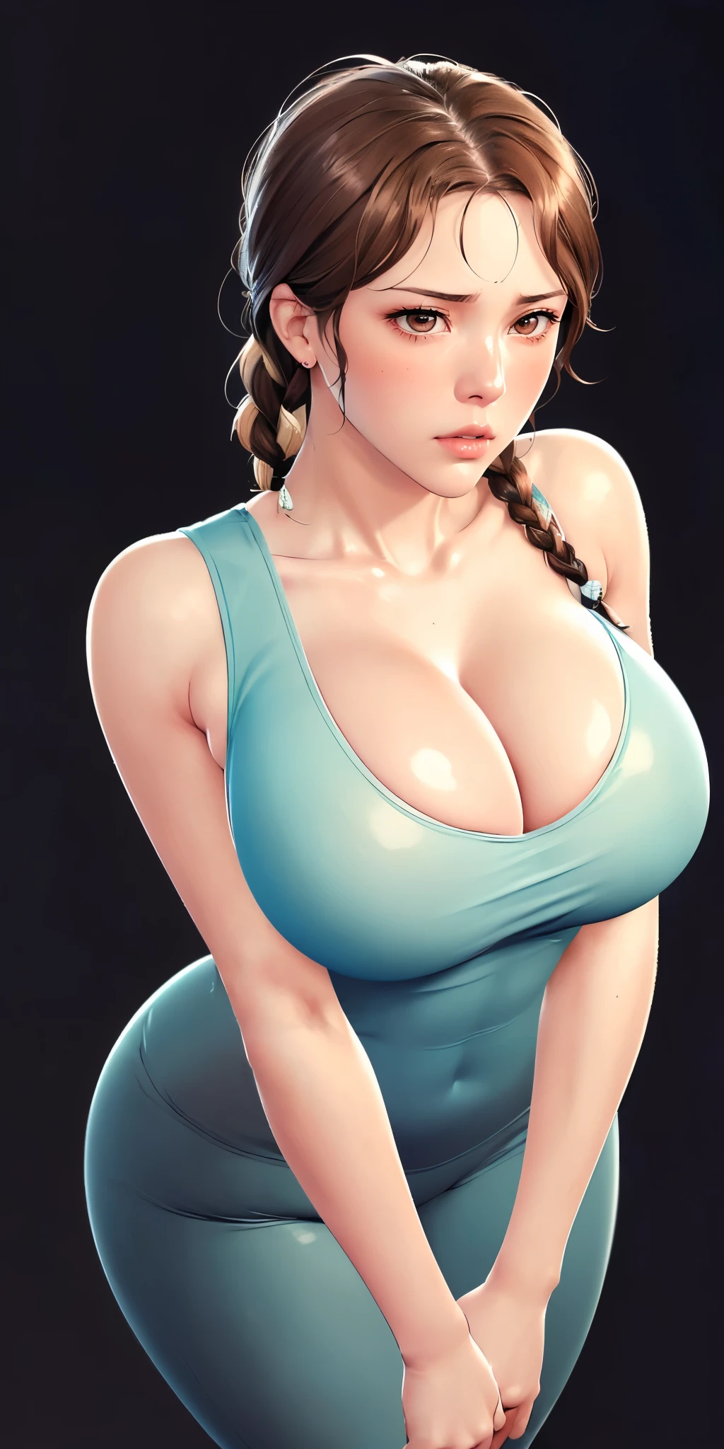 (（（Perfect body,White and tender skin,（（（Black yujiasuit, yoga pants, yoga long sleeves）））,（（（brown eyes, braid, long hair, braided ponytail, single braid, hair over shoulder, bangs, blush, lips）））,((masterpiece)),highres,((Best quality at best)),masterpiece,quality,Best quality,(（（ Exquisite facial features,Looking at the audience,There is light in the eyes,(（（frown，blush））），）））,（（（Light and shadow,Huge breasts,）））,（（（Looking at the camera,White background)））)