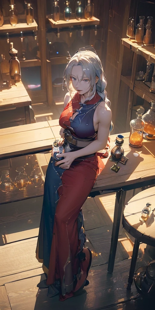 (masterpiece, Highest quality:1.3), (From above:1.3), Eight Yi Yonglin, touhou series, Perfect Face, Expressive eyes, 1 Female, View your viewers, 38 years old, Gorgeous body, Large Breasts, beautiful, anime, roller,1 Female, Silver Hair, Braid, Nurse cap, Red and blue clothes, Long skirt, (Evil look, Looking down on the audience:1.5), (Cinema Lighting, Realistic, dream-like, Enchanting atmosphere:1.3), (Photograph of a woman in a dark and mysterious environment:1.3), (A woman surrounded by an aura of mystery and intrigue:1.3), (A dark and mysterious laboratory decorated with many flasks, Each one is filled with a different colored liquid.:2.0), (A flask is displayed on the table in front of Eirin., Spreading in a mysterious way:2.0), (She enjoys making new discoveries.:1.5), (Nearby crystal balls, exuding a mysterious atmosphere:1.3), (The smell of incense floating in the air, Enhance the sensory experience:1.3), 