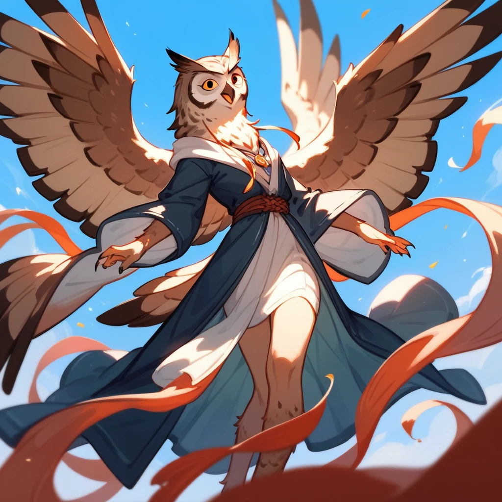 Quixotic Adventurer in owl art style, feathered robe, sfw, (score_9,score_8_up,score_7_up,score_6_up,score_5_up,score_4_up)