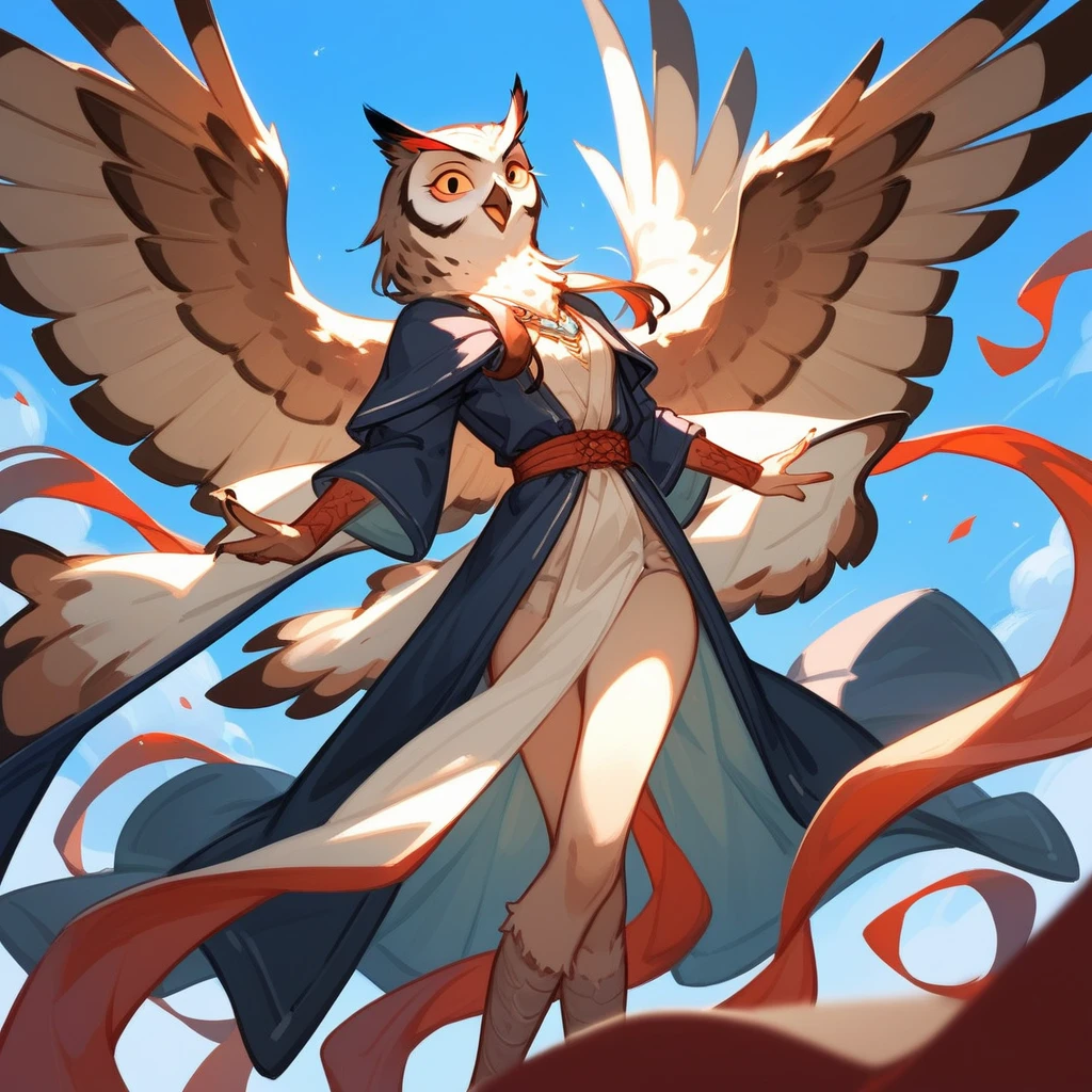 Quixotic Adventurer in owl art style, feathered robe, sfw, (score_9,score_8_up,score_7_up,score_6_up,score_5_up,score_4_up)