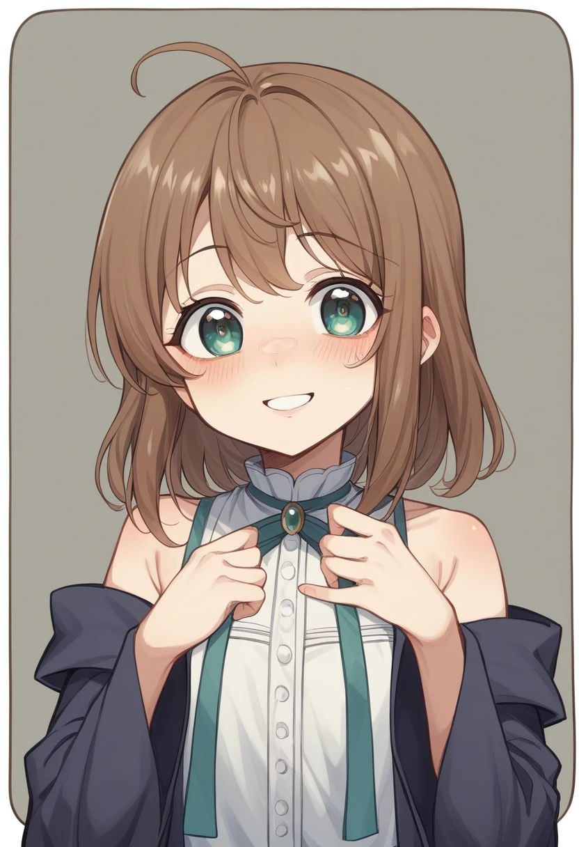Please create the following girl in realistic quality.。 Face and Skin:
With an oval face、The skin is smooth and soft。
Light skin tone with natural radiance。
eye:
中くらいの大きさでアーモンド形のeye。
Dark brown iris。
A kind and friendly expression。
hair:
Dark brown straight hair。
Mid-length, slightly above the shoulders。
Side parting、Soft and slightly curved tipouth:
Small to medium sized lips。
A modest and natural smile。
nose:
小さめから中くらいの大きさの自然な形のnose。
clothing:
Wear a simple, elegant top in a light color。
background:
プレーンで暗い色のbackground(Similar to curtains and dark walls)。
Overall facial expression:
Be calm and、Friendly and welcoming atmosphere。