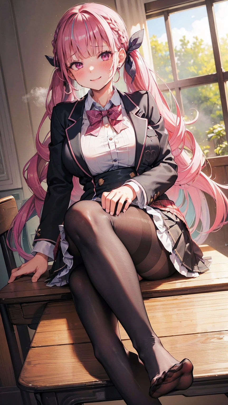 ((masterpiece)), ((Highest quality)), ((Very detailed)), One girl, Long Hair, classroom, Feet Focus, Sit on a chair, Big Breasts, plump, blazer, skirt, pantyhose, panties under pantyhose, Wicked Smile, Looking at the audience, From below, (Turn the soles of your feet to the viewer:1.3), Steaming body, Sweat, (Sweaty feet:1.2), Lift your legs