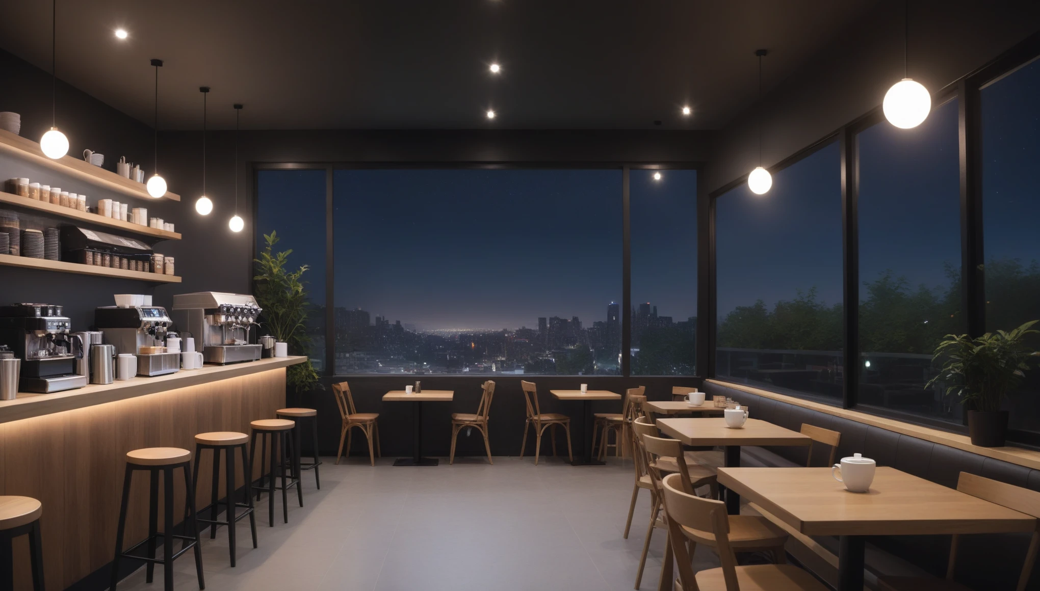 at night, frontal shot coffee shop interior, tables with coffee cups, and a big window in the center